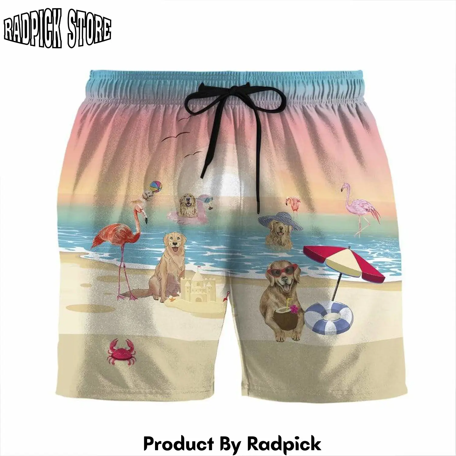 Radpick 3d golden retriever with flamingo at the beach summer beach shorts swim trunks rp631478